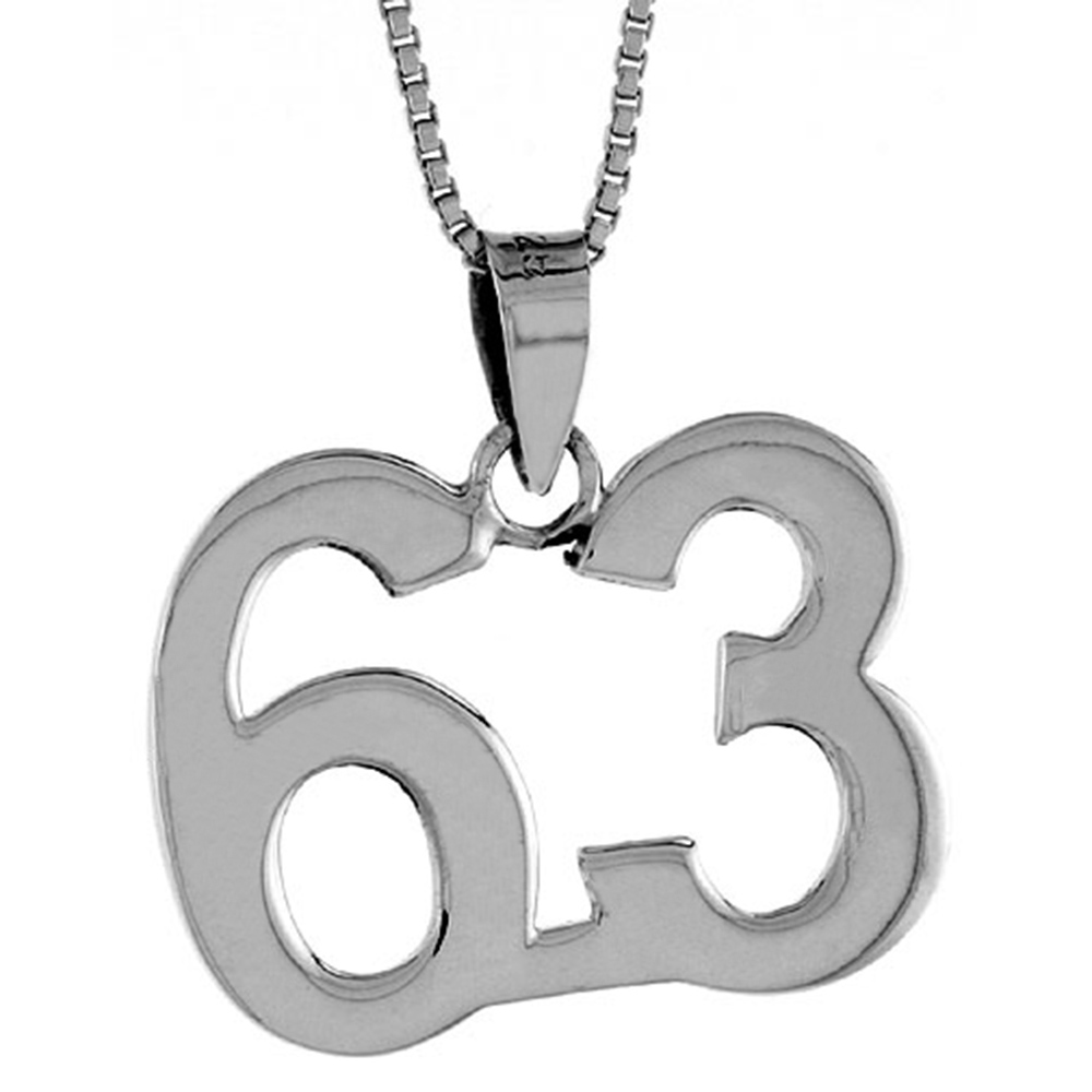 Sterling Silver Number 63 Necklace for Jersey Numbers & Recovery High Polish 3/4 inch, 2mm Curb Chain