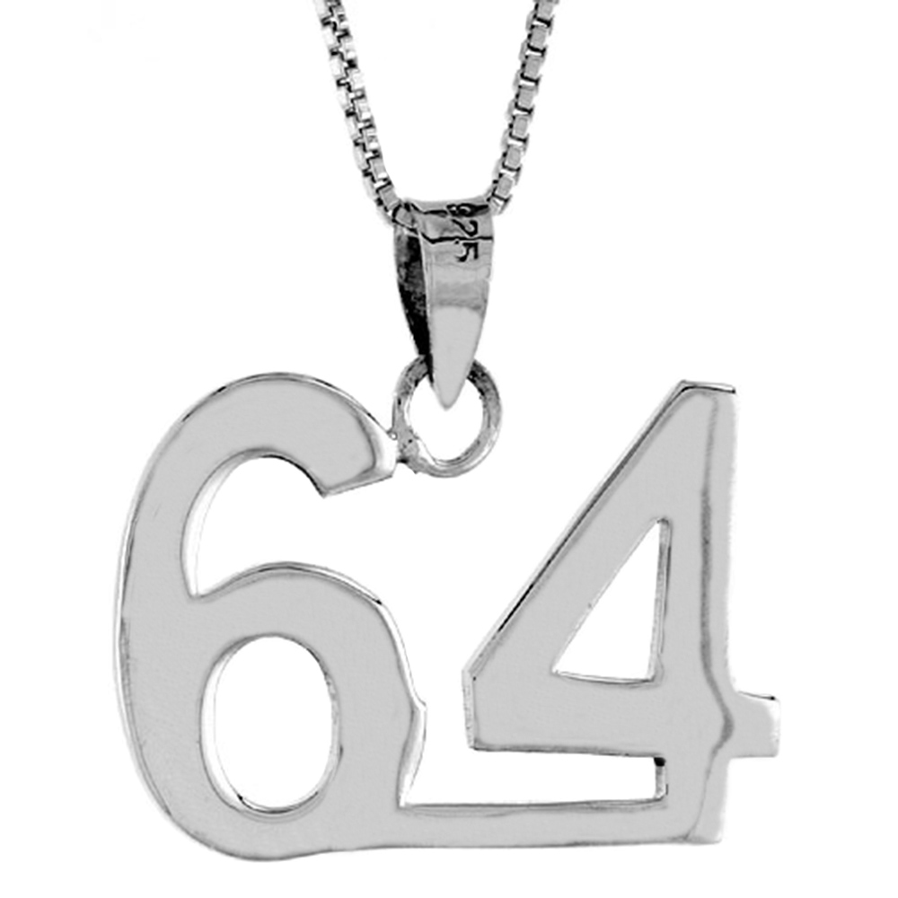 Sterling Silver Number 64 Necklace for Jersey Numbers & Recovery High Polish 3/4 inch, 2mm Curb Chain