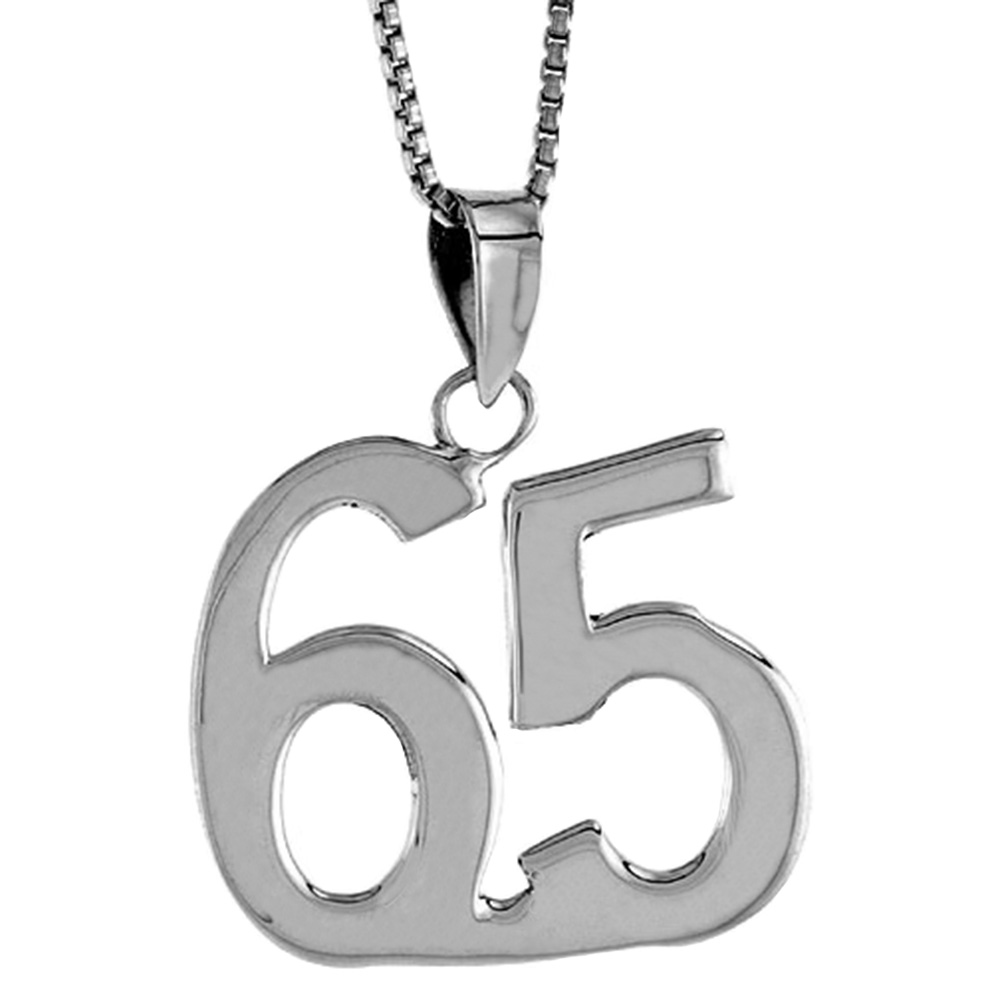 Sterling Silver Number 65 Necklace for Jersey Numbers & Recovery High Polish 3/4 inch, 2mm Curb Chain