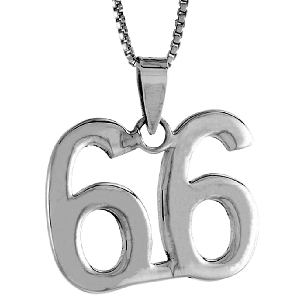 Sterling Silver Number 66 Necklace for Jersey Numbers & Recovery High Polish 3/4 inch, 2mm Curb Chain