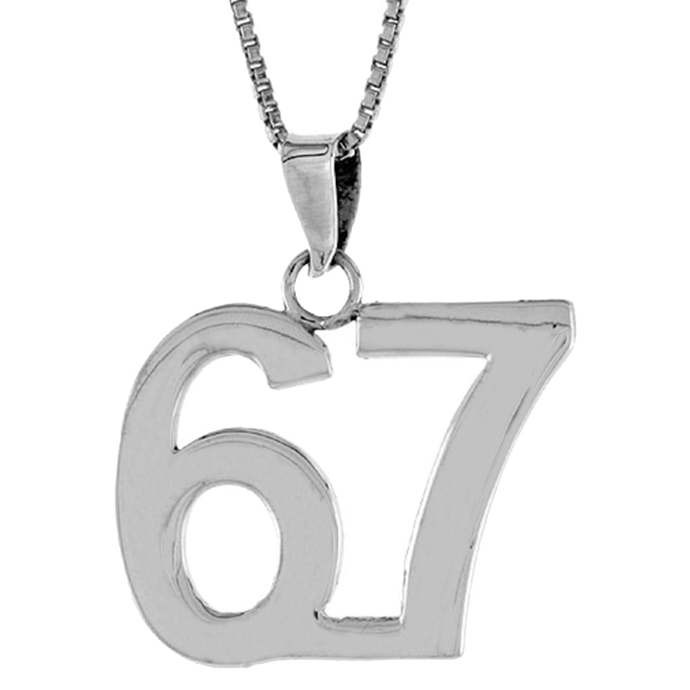 Sterling Silver Number 67 Necklace for Jersey Numbers &amp; Recovery High Polish 3/4 inch, 2mm Curb Chain