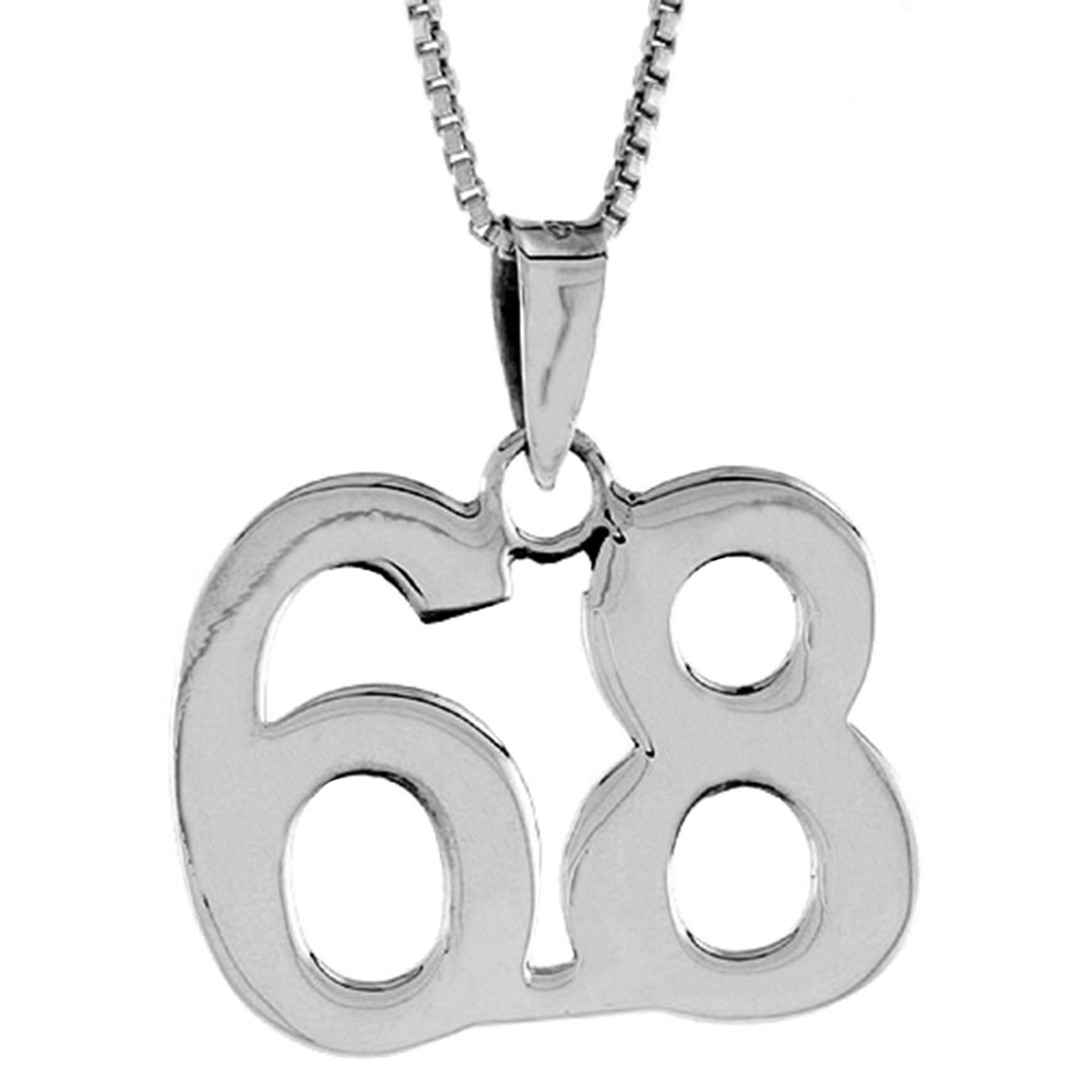 Sterling Silver Number 68 Necklace for Jersey Numbers & Recovery High Polish 3/4 inch, 2mm Curb Chain