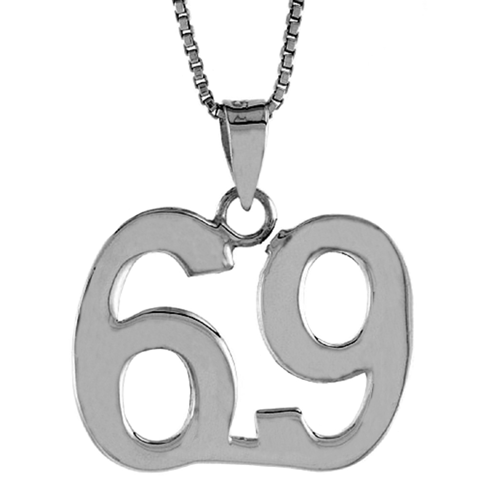 Sterling Silver Number 69 Necklace for Jersey Numbers &amp; Recovery High Polish 3/4 inch, 2mm Curb Chain