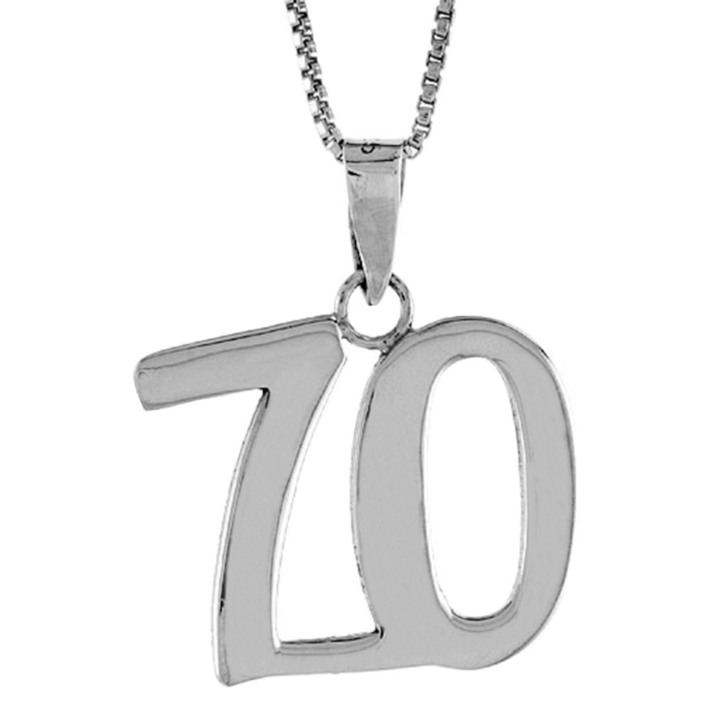Sterling Silver Number 70 Necklace for Jersey Numbers &amp; Recovery High Polish 3/4 inch, 2mm Curb Chain