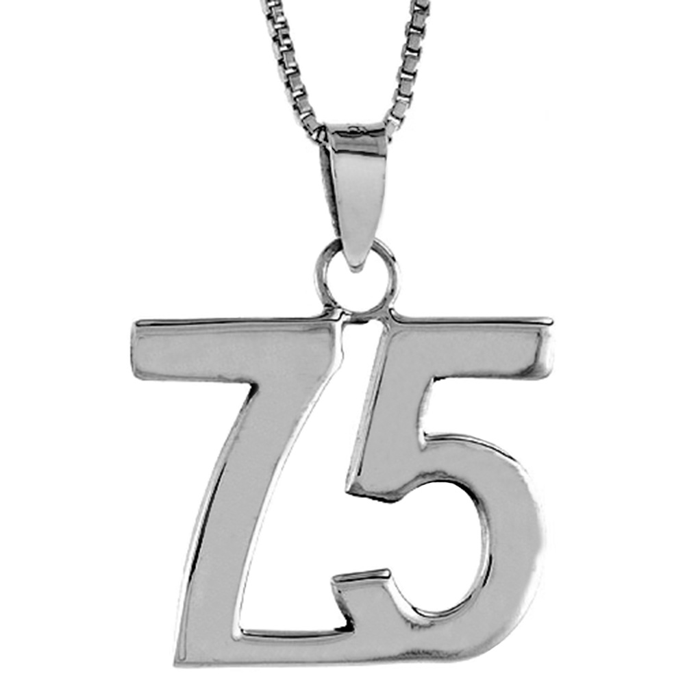 Sterling Silver Number 75 Necklace for Jersey Numbers &amp; Recovery High Polish 3/4 inch, 2mm Curb Chain