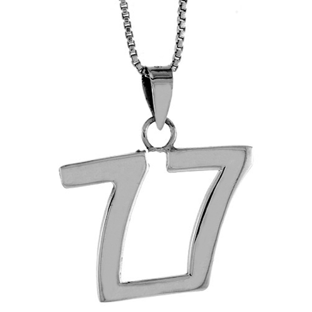 Sterling Silver Number 77 Necklace for Jersey Numbers & Recovery High Polish 3/4 inch, 2mm Curb Chain