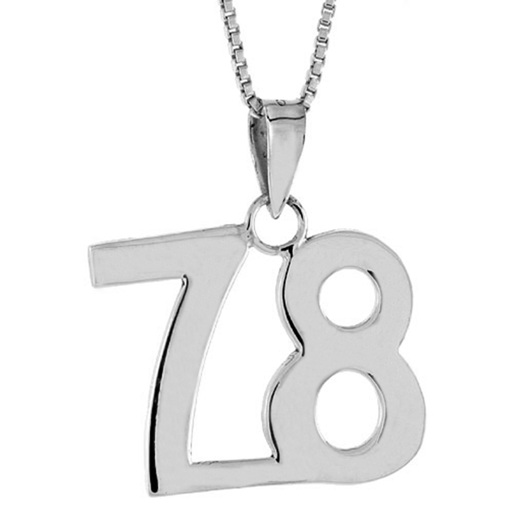 Sterling Silver Number 78 Necklace for Jersey Numbers &amp; Recovery High Polish 3/4 inch, 2mm Curb Chain