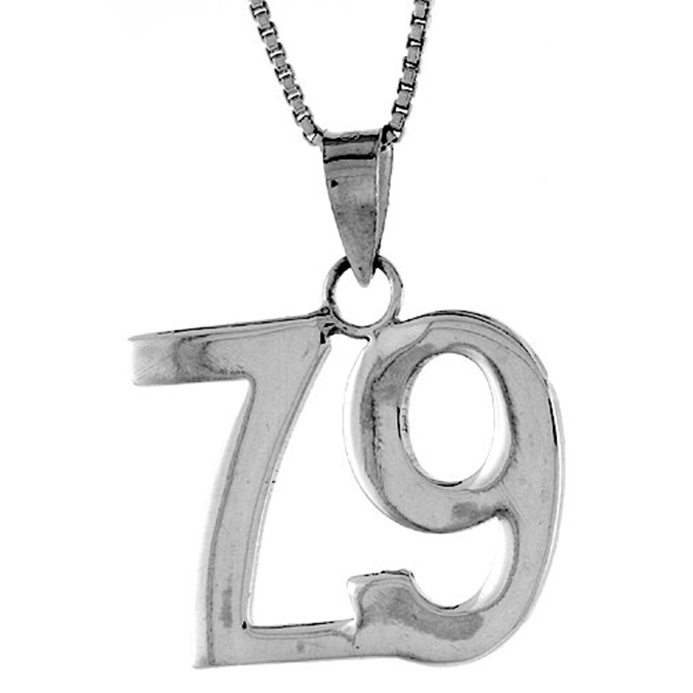 Sterling Silver Number 79 Necklace for Jersey Numbers &amp; Recovery High Polish 3/4 inch, 2mm Curb Chain