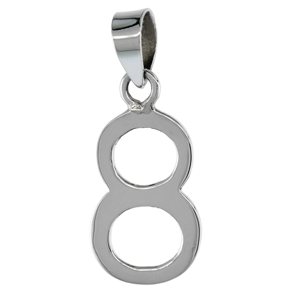 Sterling Silver Number 8 Necklace for Jersey Numbers &amp; Recovery High Polish 3/4 inch, 2mm Curb Chain