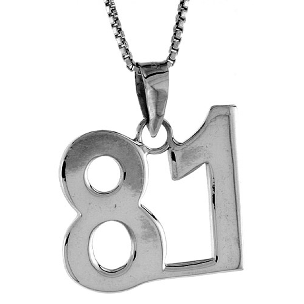 Sterling Silver Number 81 Necklace for Jersey Numbers &amp; Recovery High Polish 3/4 inch, 2mm Curb Chain