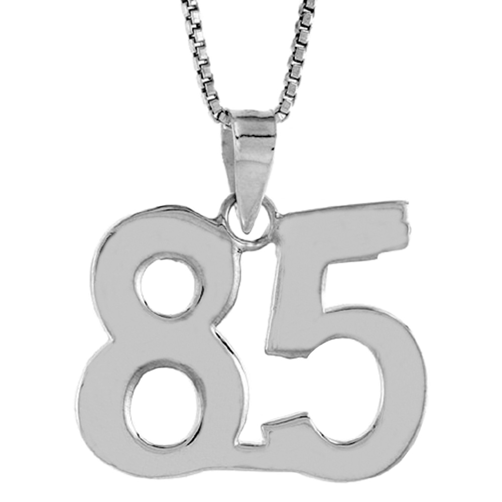 Sterling Silver Number 85 Necklace for Jersey Numbers & Recovery High Polish 3/4 inch, 2mm Curb Chain