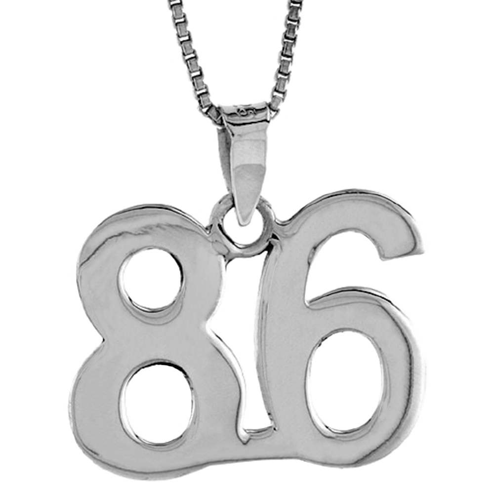 Sterling Silver Number 86 Necklace for Jersey Numbers &amp; Recovery High Polish 3/4 inch, 2mm Curb Chain