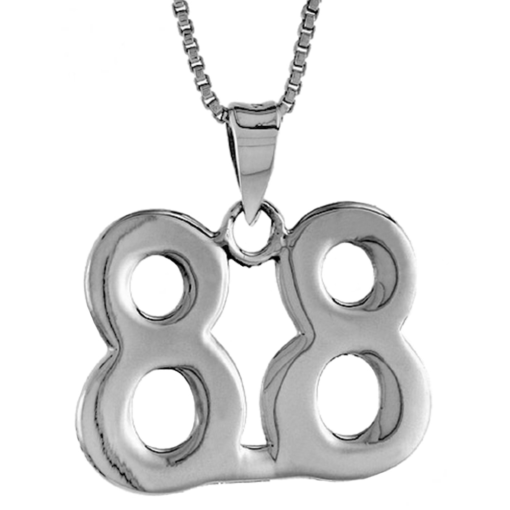 Sterling Silver Number 88 Necklace for Jersey Numbers & Recovery High Polish 3/4 inch, 2mm Curb Chain