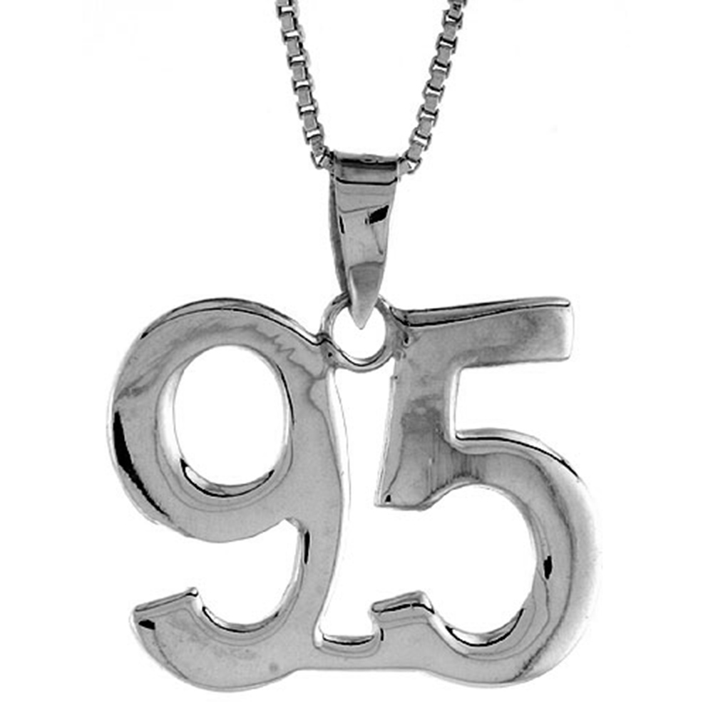 Sterling Silver Number 95 Necklace for Jersey Numbers & Recovery High Polish 3/4 inch, 2mm Curb Chain