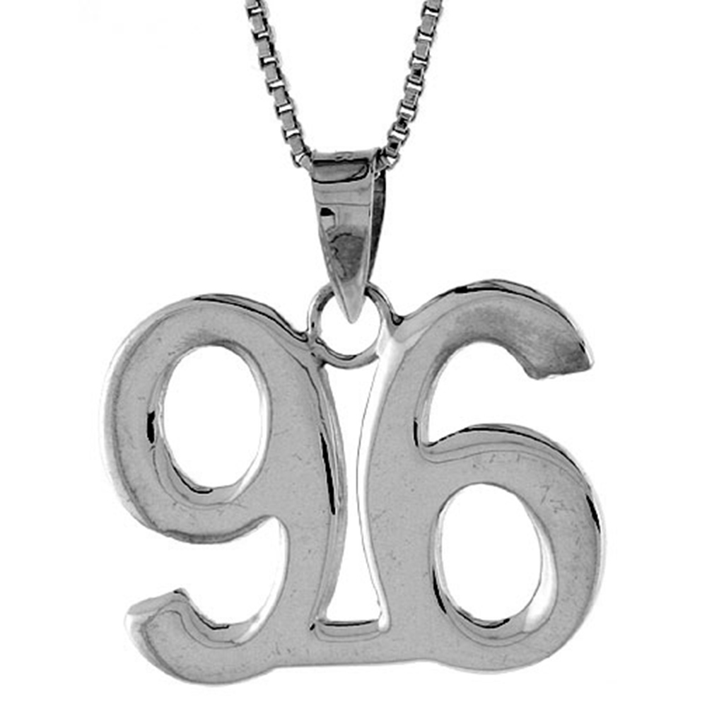 Sterling Silver Number 96 Necklace for Jersey Numbers & Recovery High Polish 3/4 inch, 2mm Curb Chain