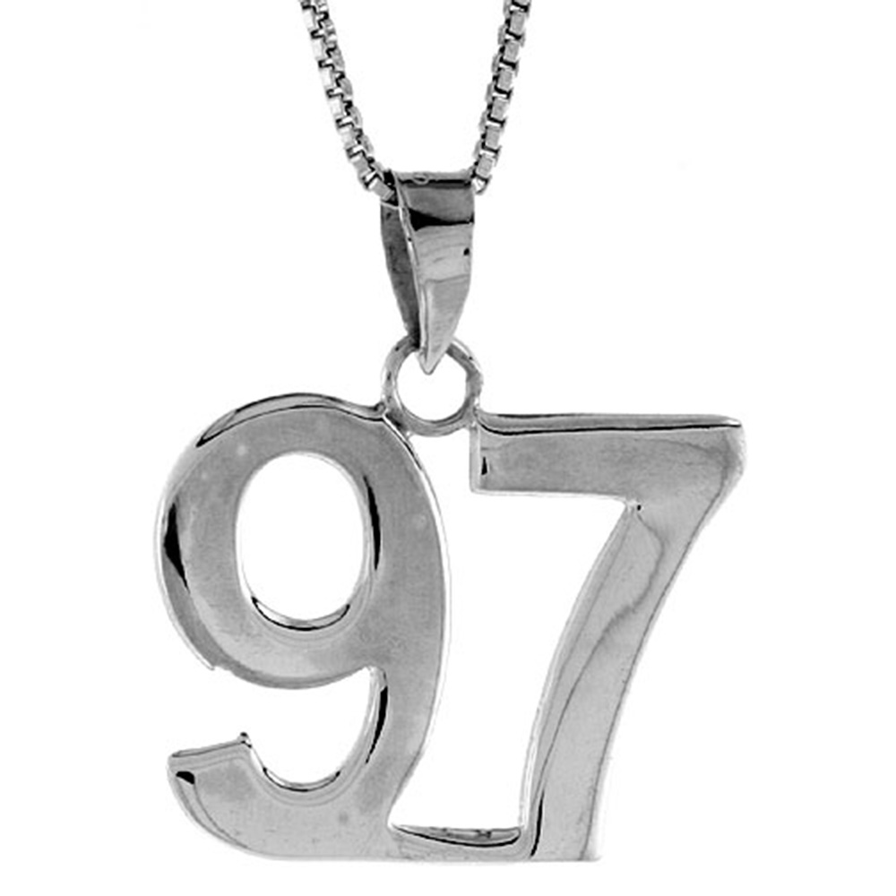 Sterling Silver Number 97 Necklace for Jersey Numbers & Recovery High Polish 3/4 inch, 2mm Curb Chain