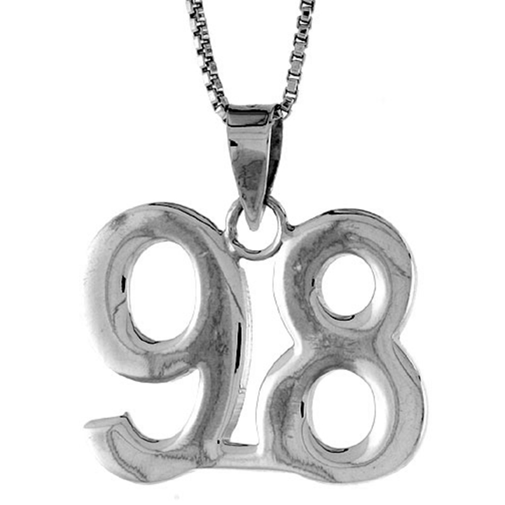 Sterling Silver Number 98 Necklace for Jersey Numbers & Recovery High Polish 3/4 inch, 2mm Curb Chain
