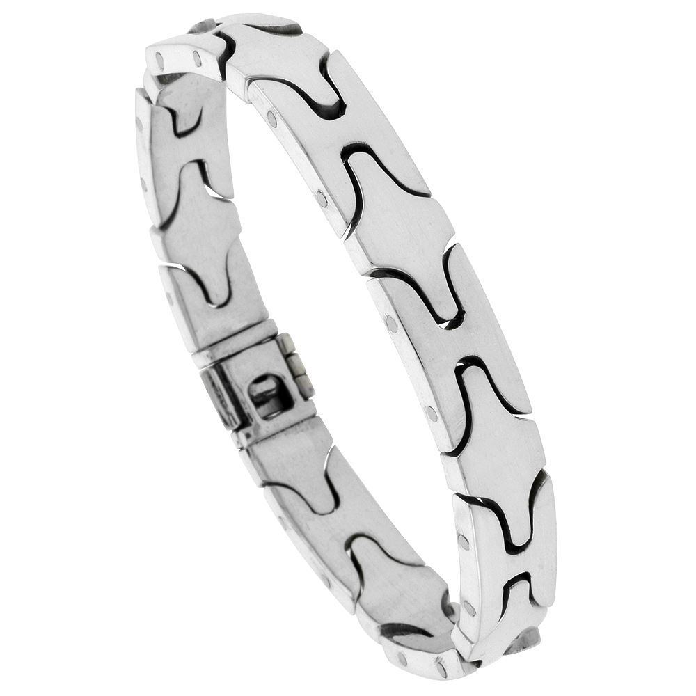 Sterling Silver Gents H & Clover-shaped Link Bracelet Handmade 3/8 inch wide, sizes 7.5, 8, 8.5 inch