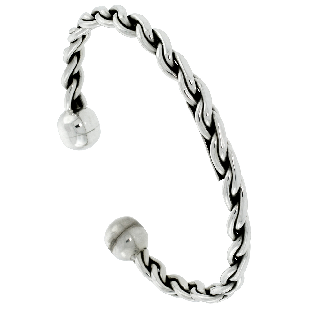 Sterling Silver Ball-end Cuff Bracelet Rope Wire Handmade 7.25 inch
