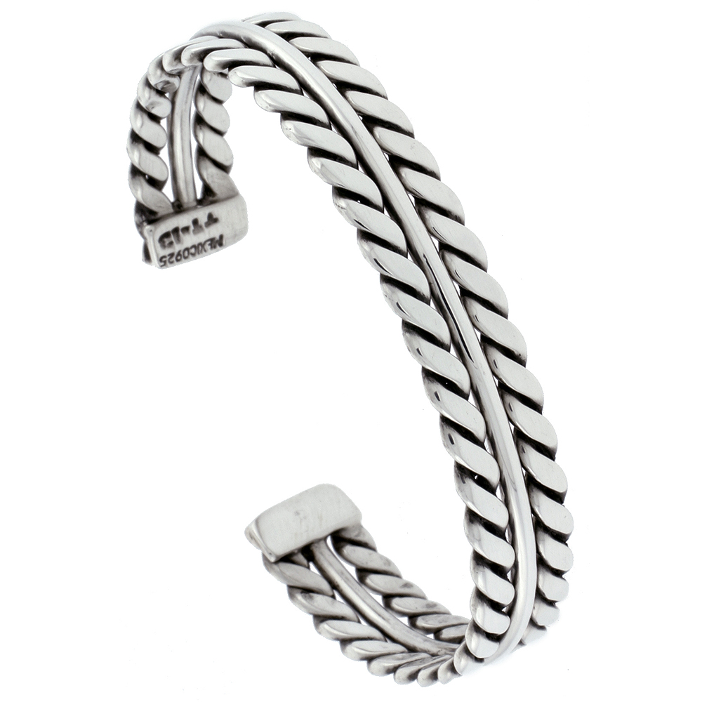 Sterling Silver Double Rope Cuff Bracelet Handmade 7.25 inch