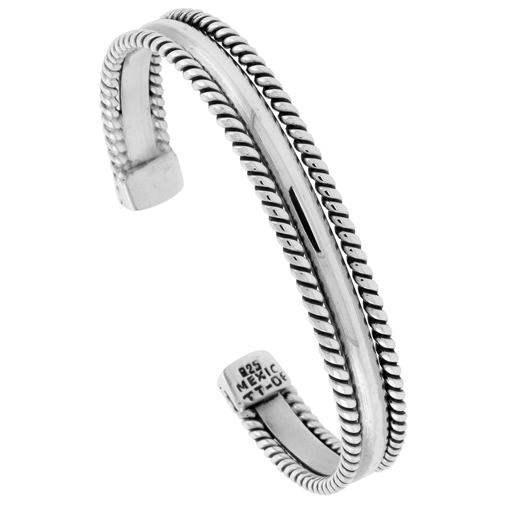 Sterling Silver Rope Edge Cuff Bracelet Domed Center Handmade 7.25 inch