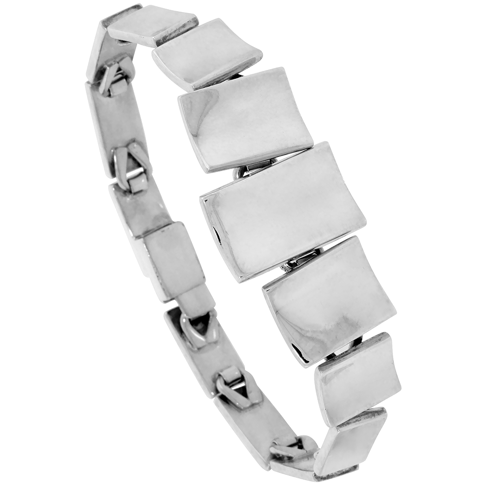 Sterling Silver Concaved Linked Bar Bracelet 3/4 inch Wide