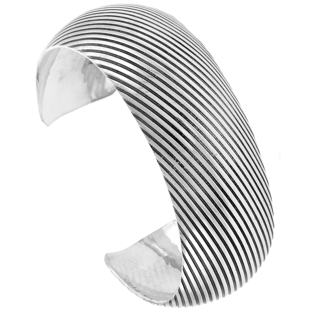 Sterling Silver Cuff Bracelet Dome with Diagonal Stripes Handmade 7.25 inch