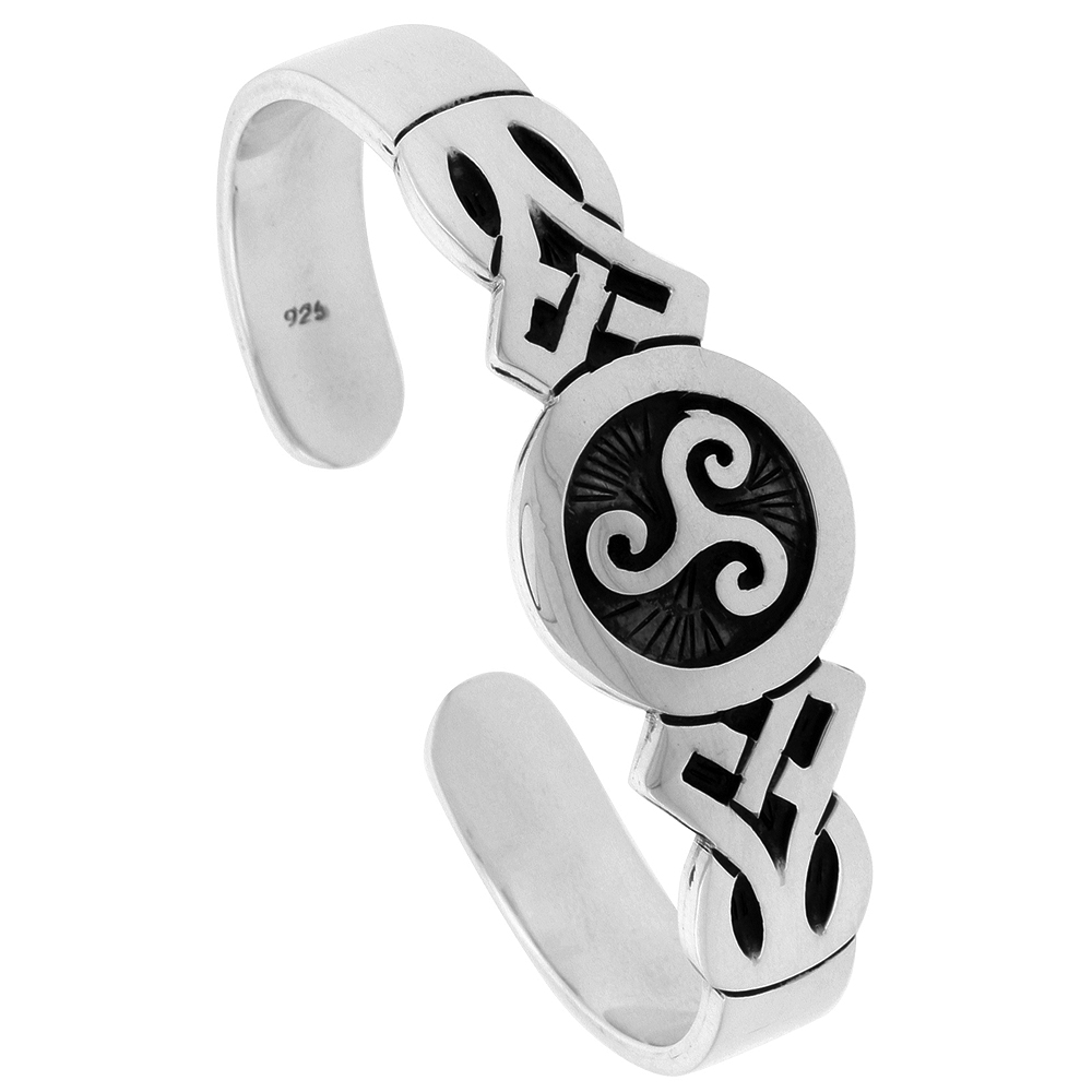 Sterling Silver Celtic Knot Cuff Bracelet Triple spiral Triskele Symbol Handmade 7.25 inch