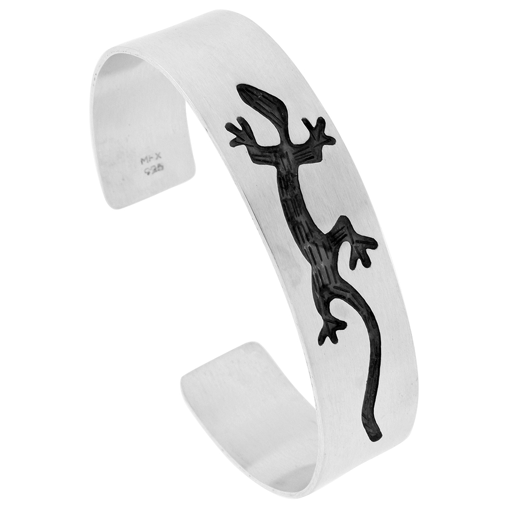 Sterling Silver Gecko Cuff Bracelet for Women Southwestern Hopi Design Overlay Technique Oxidized finish Handmade (15mm) 9/16 inch wide