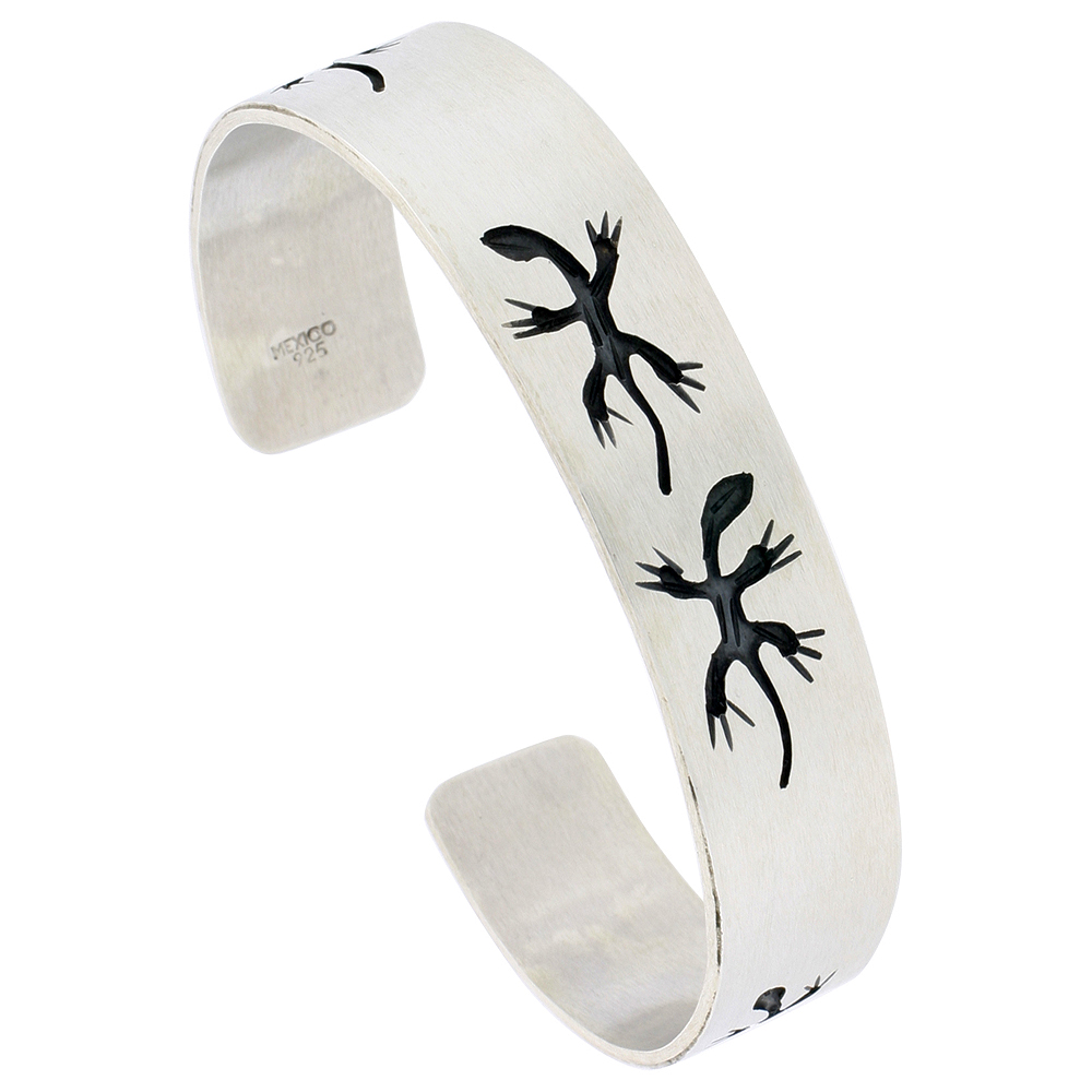 Sterling Silver Gecko Cuff Bracelet for Women Southwestern Hopi Design Overlay Technique Oxidized finish Handmade (13mm) 1/2 inch wide