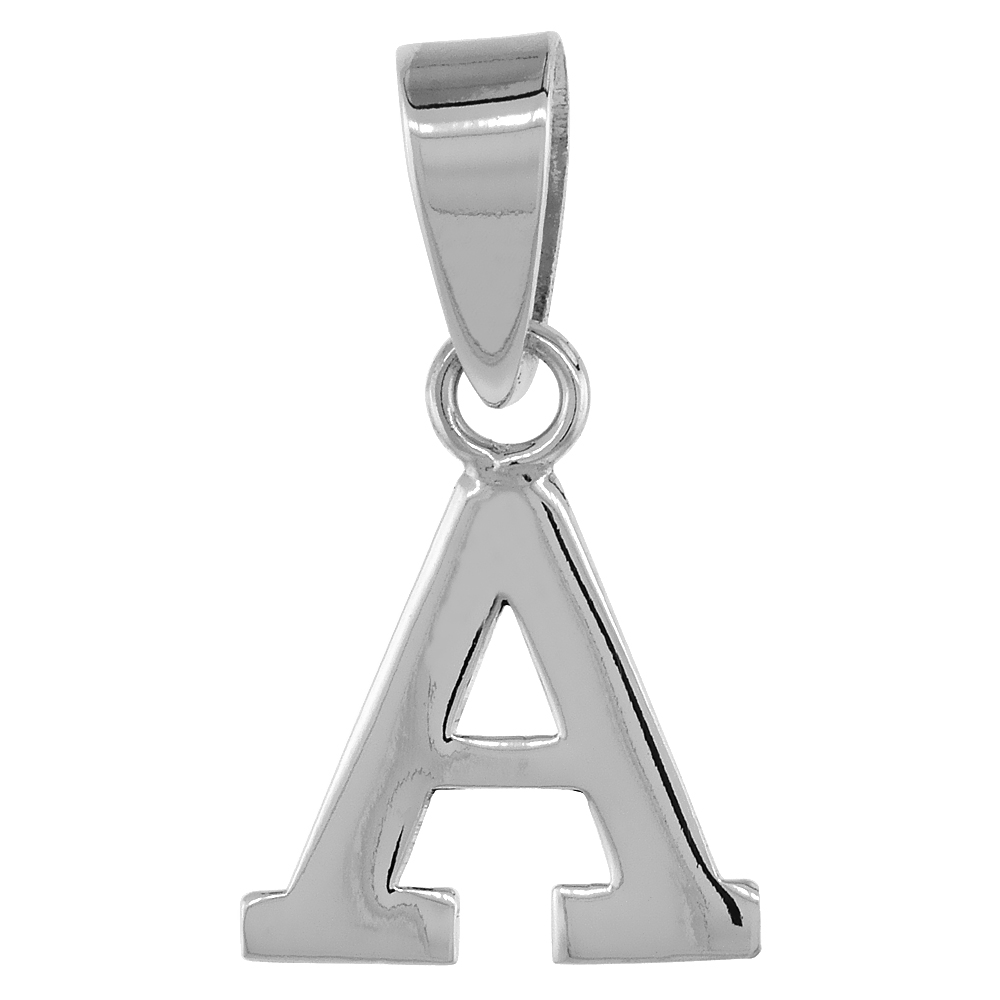 Sterling Silver Block Initials A to Z Alphabet Pendant Small Highly Polished, 1/2 inch high