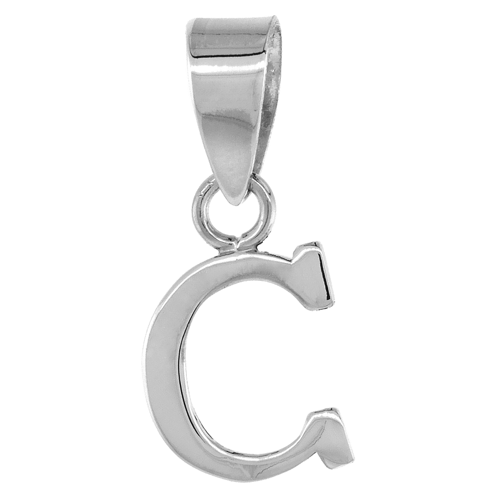 1/2 Inch Small Sterling Silver Block Initial C Necklace Alphabet Letters High Polished, 16-30 inch 0.8mm Box_Chain