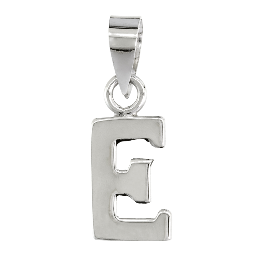 1/2 Inch Small Sterling Silver Block Initial E Necklace Alphabet Letters High Polished, 16-30 inch 0.8mm Box_Chain