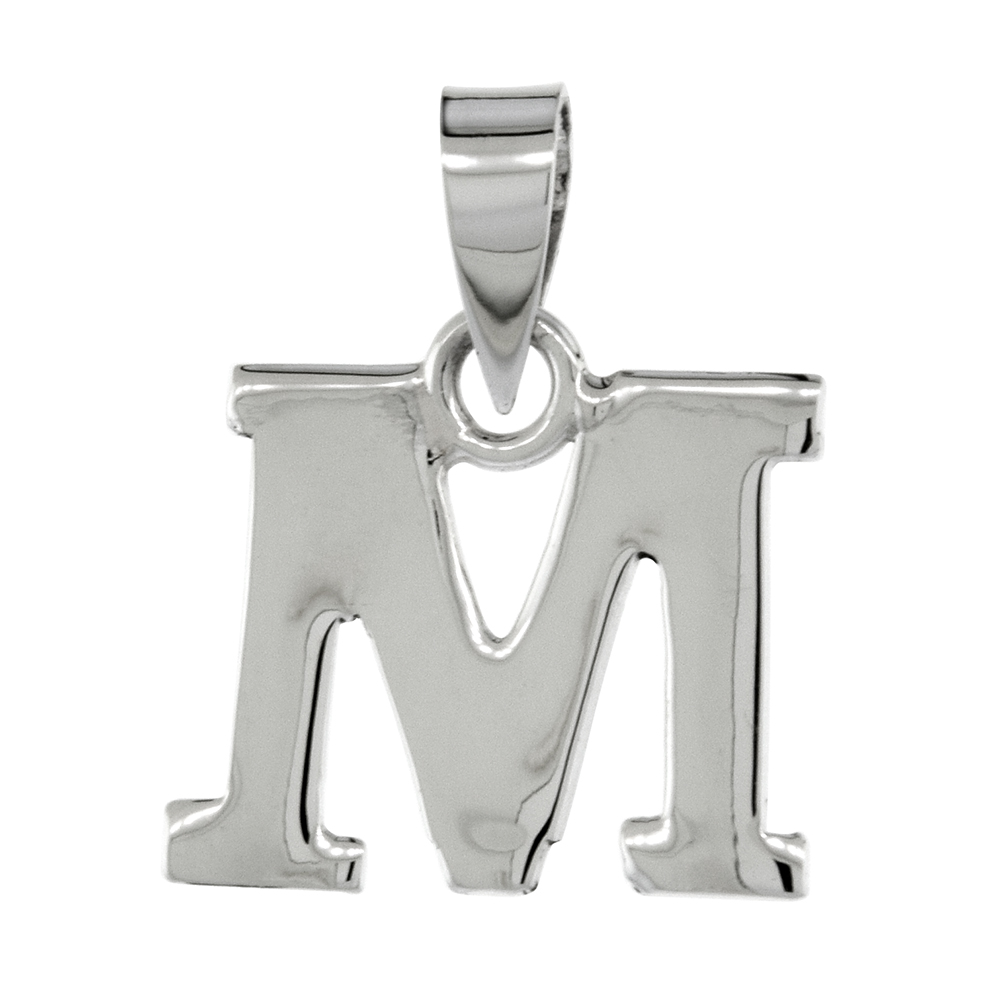 1/2 Inch Small Sterling Silver Block Initial M Necklace Alphabet Letters High Polished, 16-30 inch 0.8mm Box_Chain
