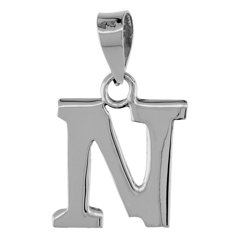 1/2 Inch Small Sterling Silver Block Initial N Necklace Alphabet Letters High Polished, 16-30 inch 0.8mm Box_Chain