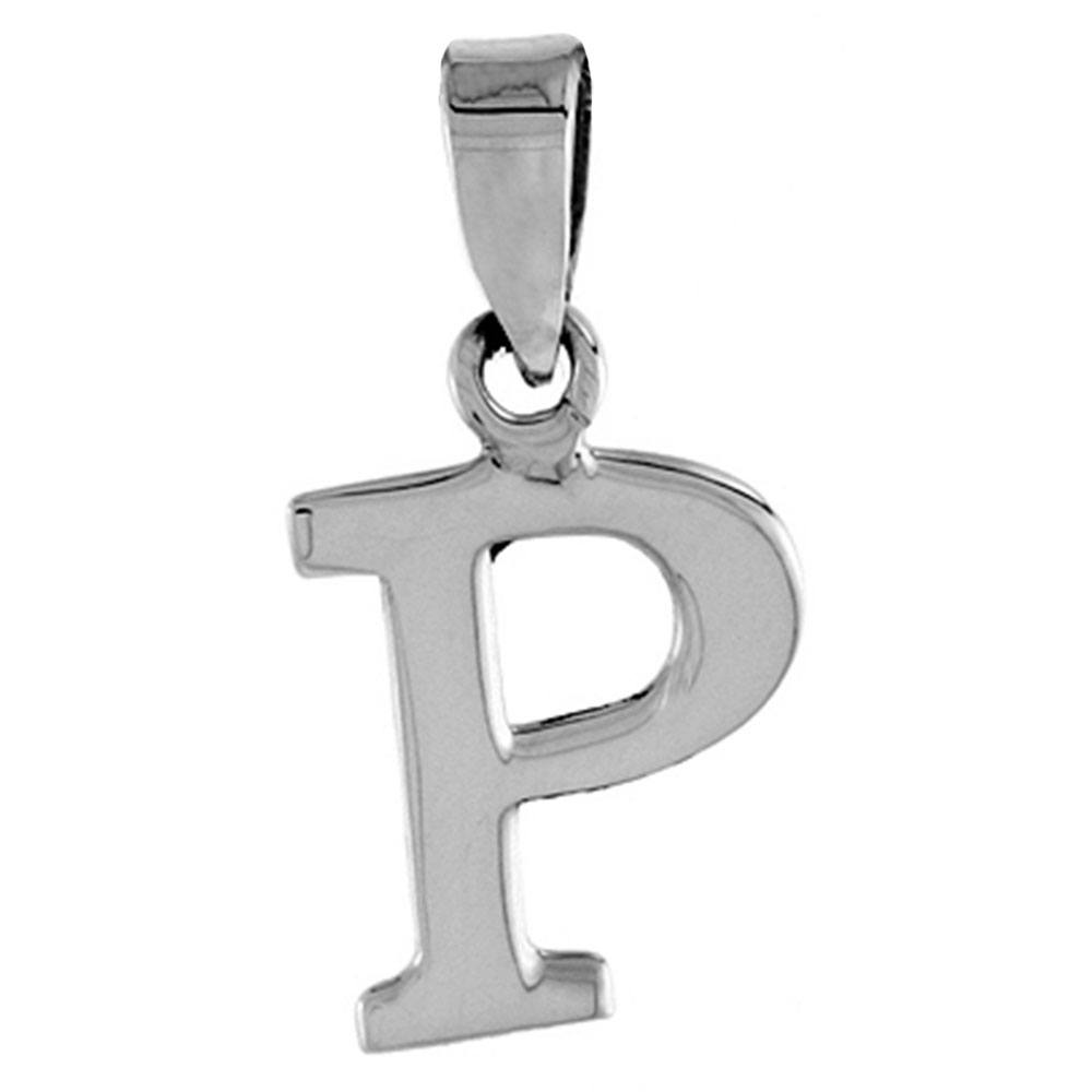 1/2 Inch Small Sterling Silver Block Initial P Necklace Alphabet Letters High Polished, 16-30 inch 0.8mm Box_Chain