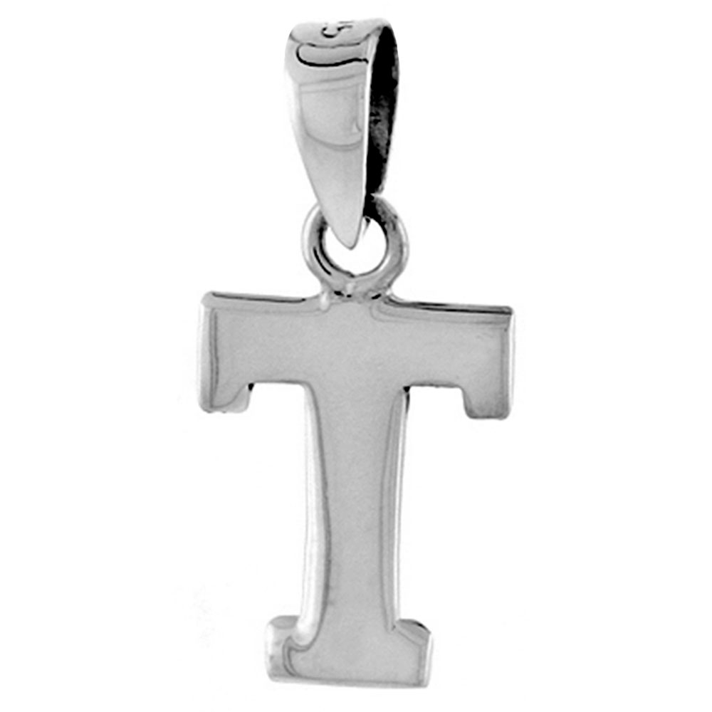 1/2 Inch Small Sterling Silver Block Initial T Pendant Alphabet Letters High Polished