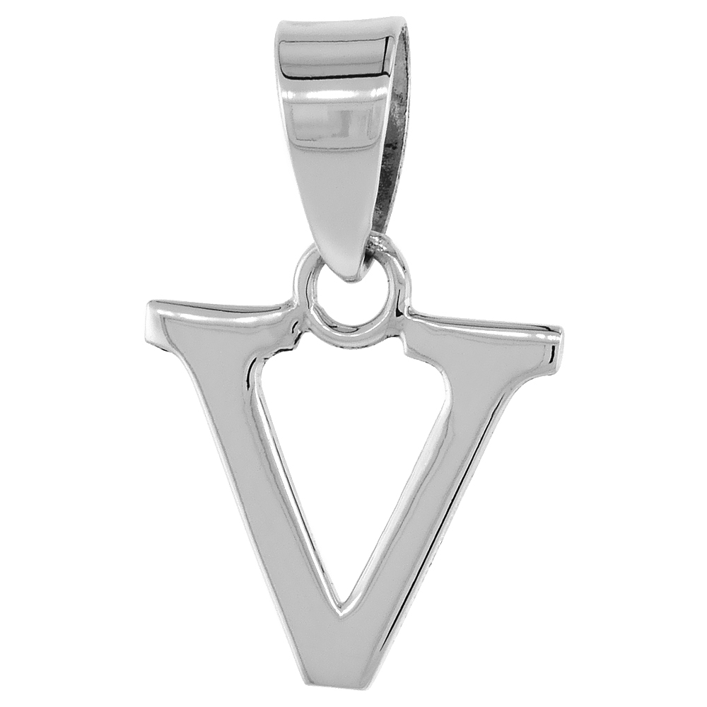 1/2 Inch Small Sterling Silver Block Initial V Necklace Alphabet Letters High Polished, 16-30 inch 0.8mm Box_Chain