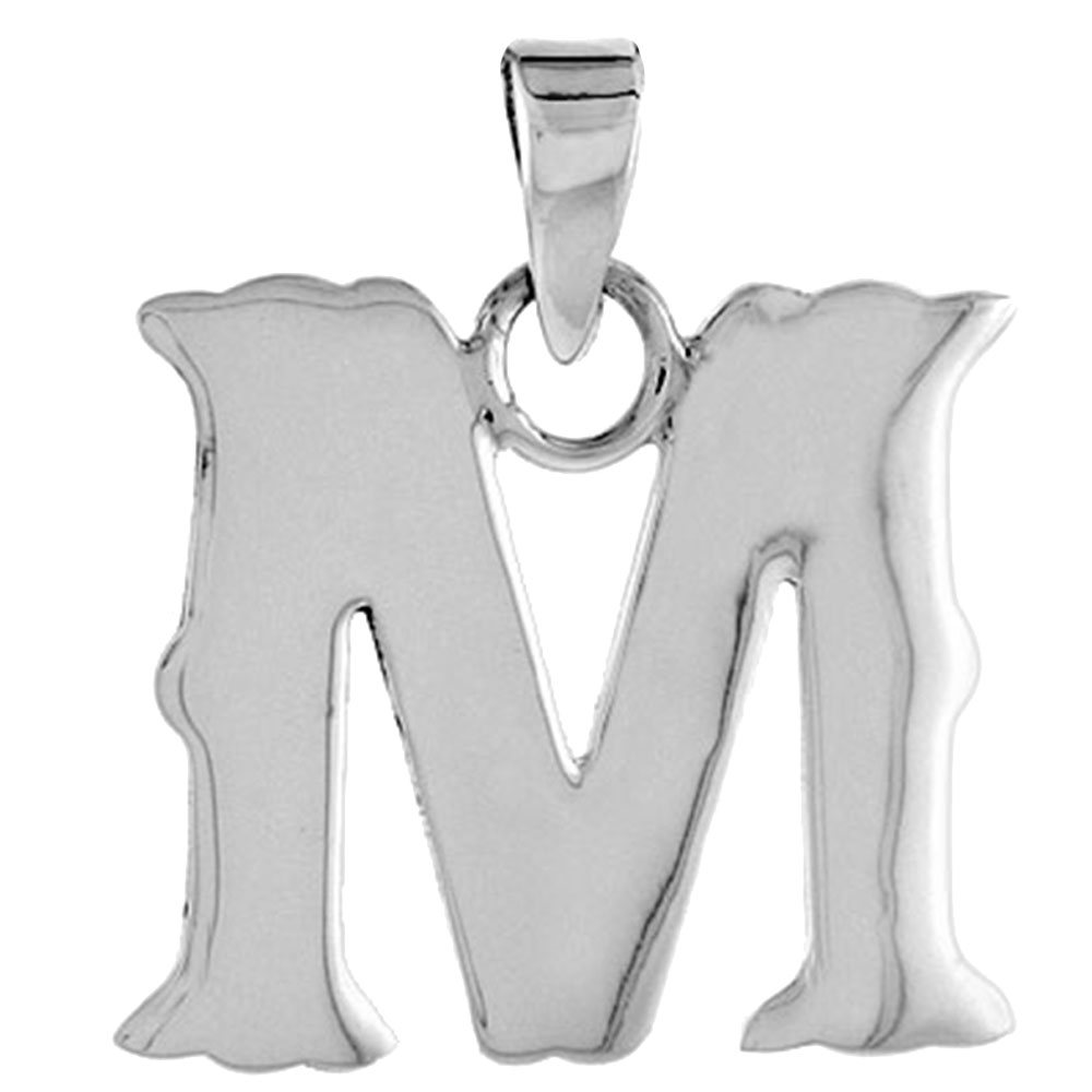 3/4 inch Sterling Silver Block Initial M Necklace Alphabet Letters High Polished, 16-30 inch 2mm Curb Chain