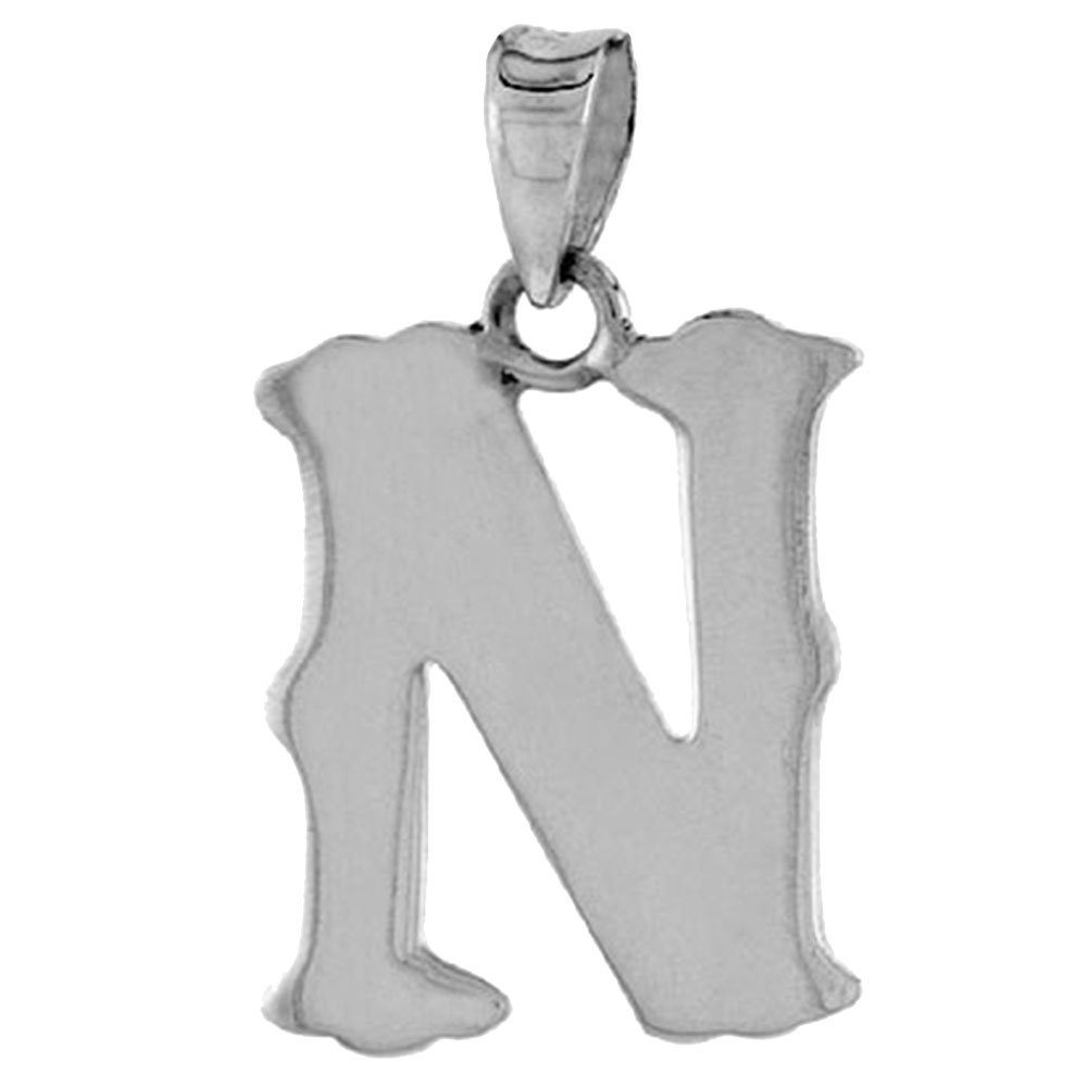 3/4 inch Sterling Silver Block Initial N Necklace Alphabet Letters High Polished, 16-30 inch 2mm Curb Chain