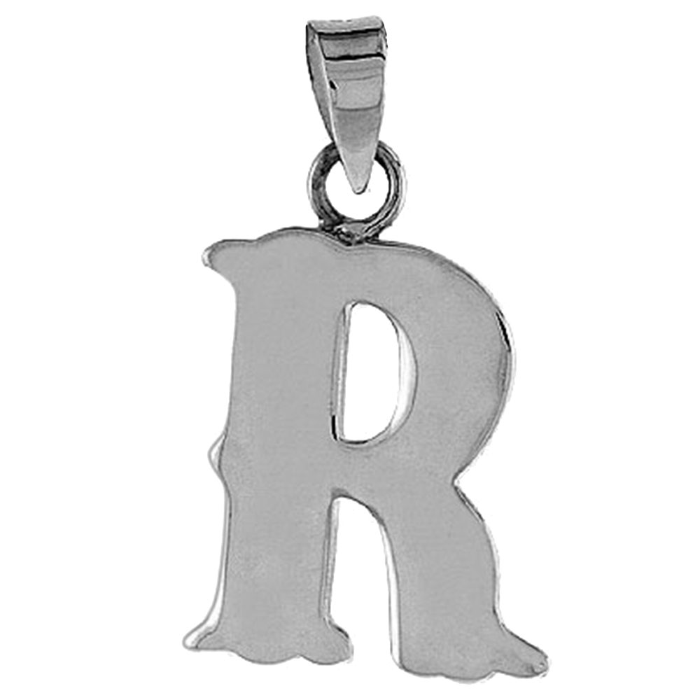 3/4 inch Sterling Silver Block Initial R Necklace Alphabet Letters High Polished 16-30 inch 2mm Curb Chain 