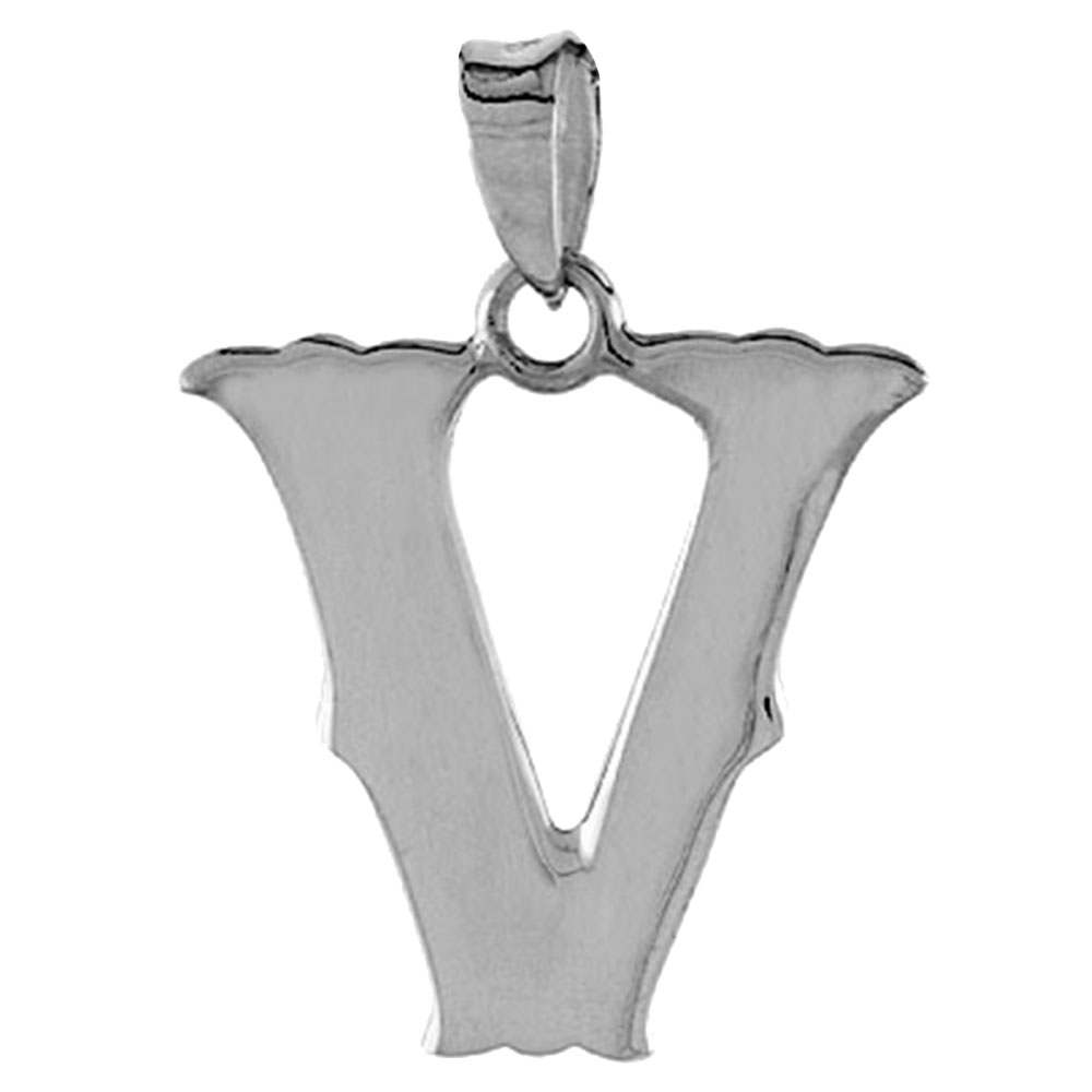 3/4 inch Sterling Silver Block Initial V Necklace Alphabet Letters High Polished, 16-30 inch 2mm Curb Chain