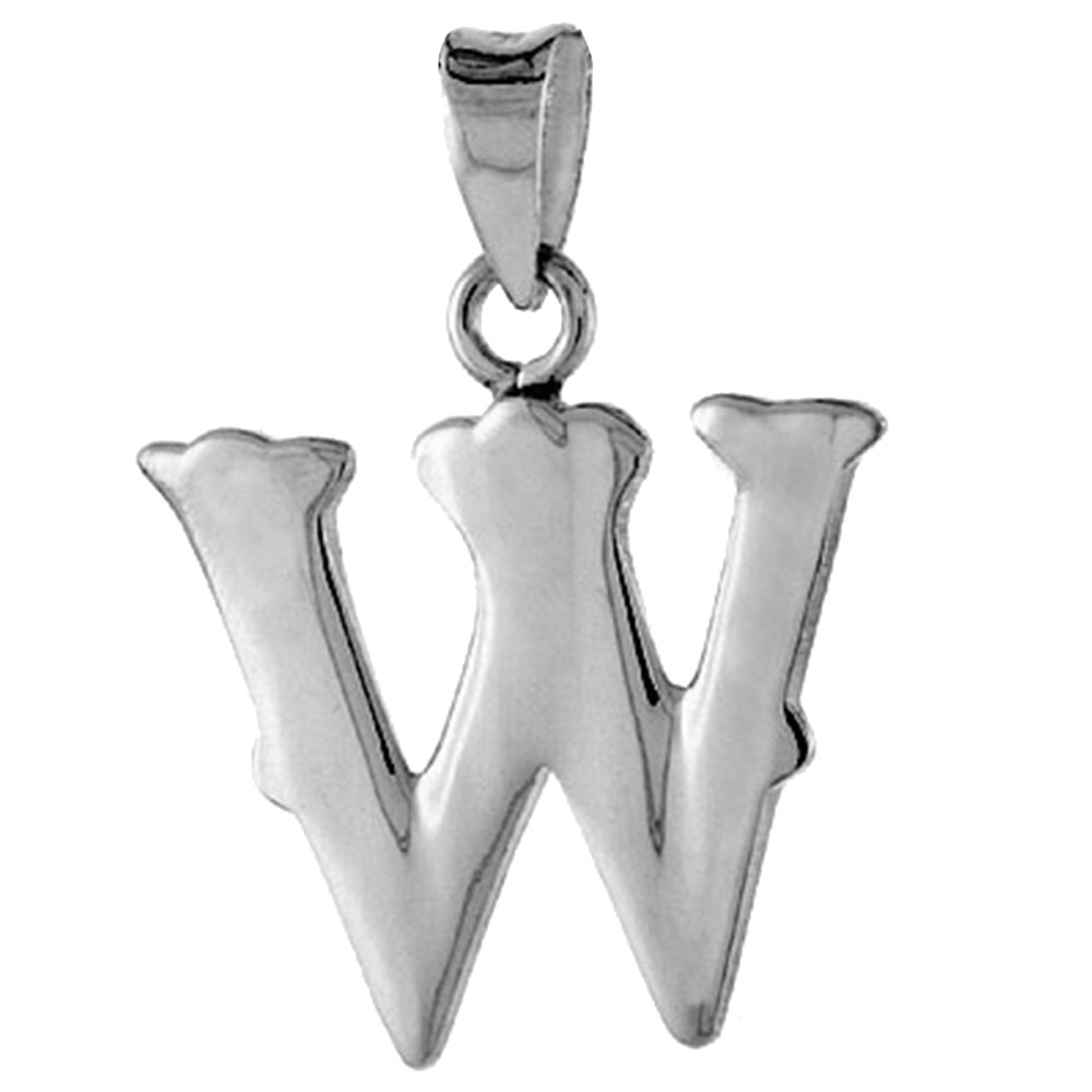 3/4 inch Sterling Silver Block Initial W Necklace Alphabet Letters High Polished, 16-30 inch 2mm Curb Chain