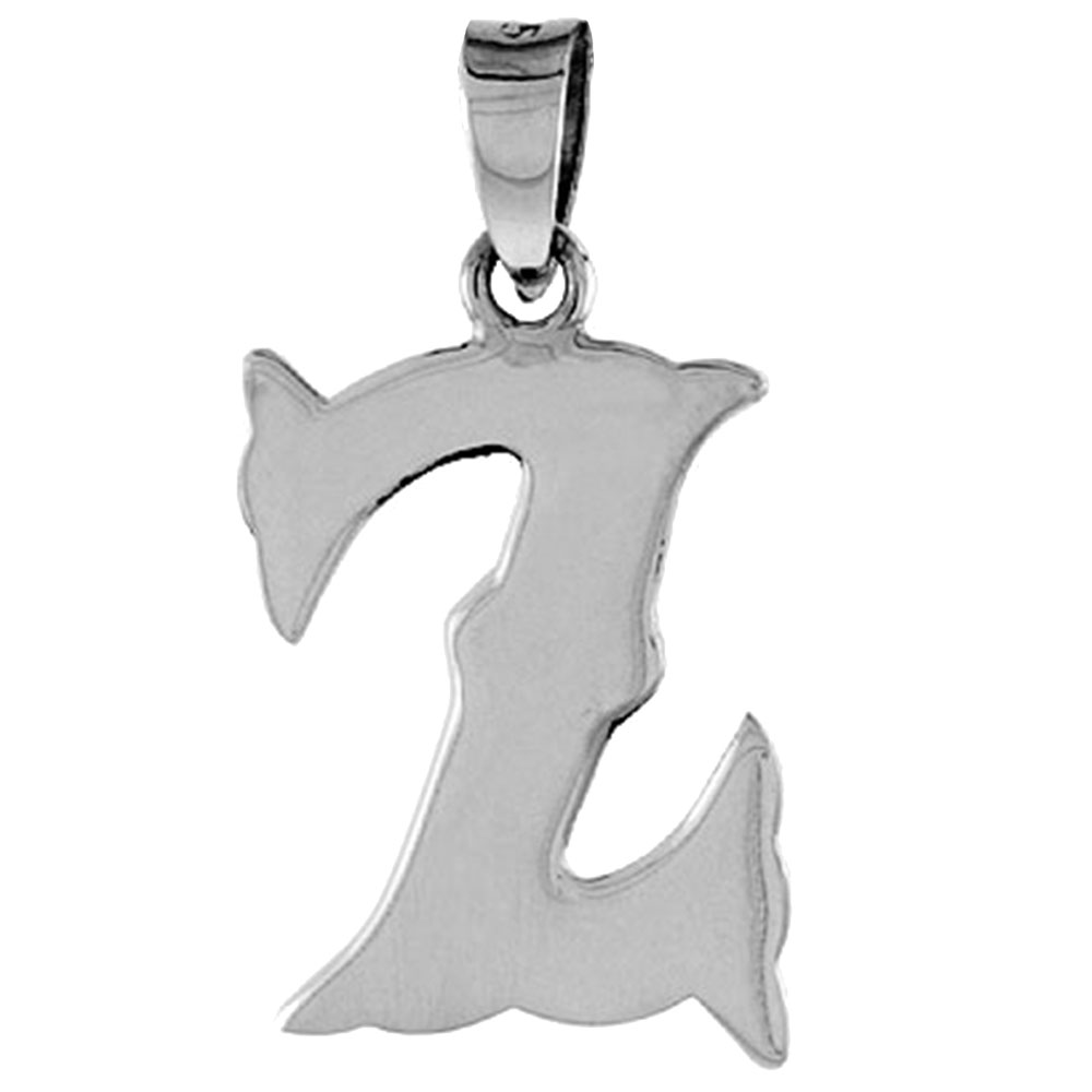 3/4 inch Sterling Silver Block Initial Z Necklace Alphabet Letters High Polished, 16-30 inch 2mm Curb Chain