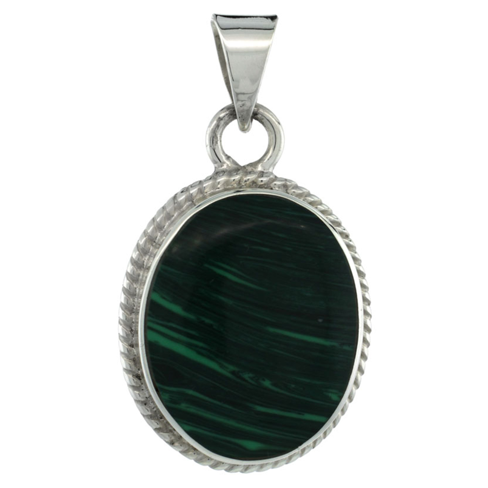 Sterling Silver Oval Malachite Pendant w/ Braided Rope Edge, 1 3/8 inch tall