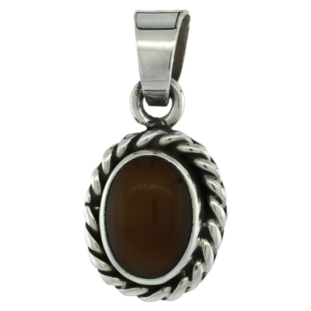 Sterling Silver Oval Tiger Eye Stone Pendant w/ Braided Rope Edge, 1 inch tall