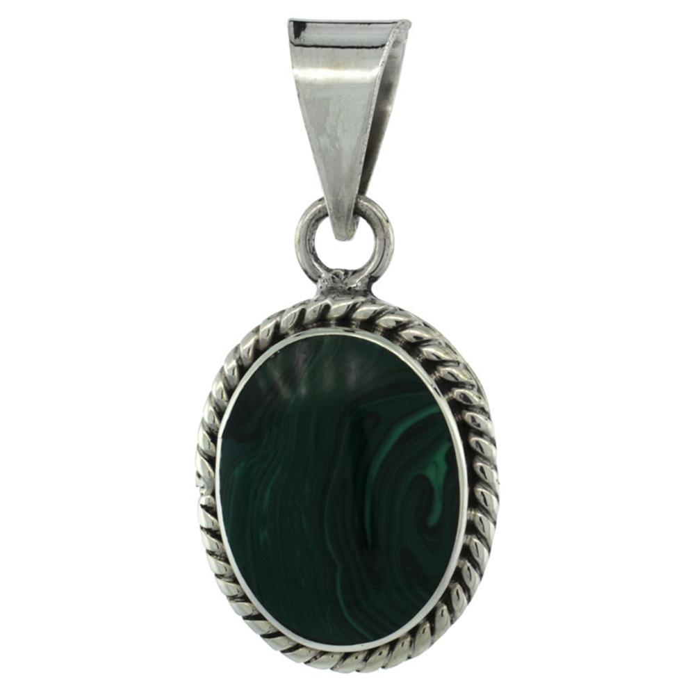 Sterling Silver Oval Malachite Stone Pendant w/ Braided Rope Edge, 1 1/8 inch tall