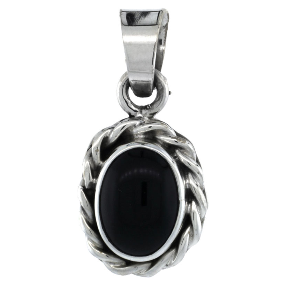 Sterling Silver Oval Black Obsidian Stone Pendant w/ Braided Rope Edge, 1 inch tall