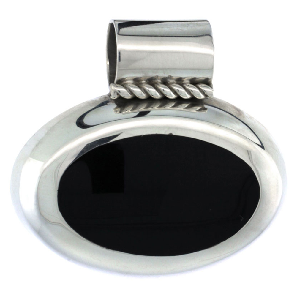 Sterling Silver Large Oval Black Obsidian Stone Pendant Slide, 1 1/2 inch wide,