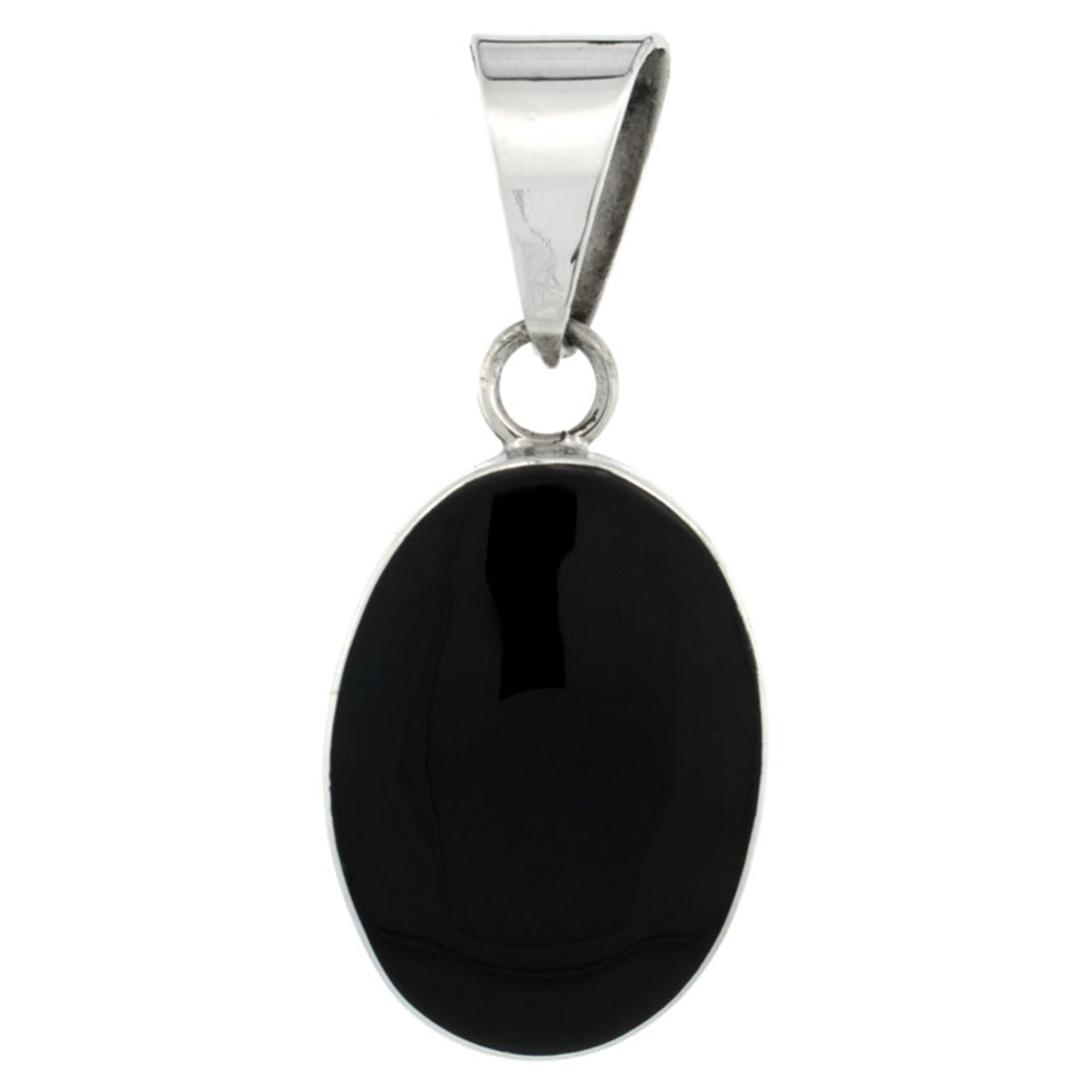 Sterling Silver Large Oval Black Obsidian Stone Pendant 1 9/16 inch tall